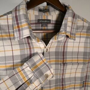 Eddie Bauer Mens Relaxed Fit Plaid Flannel Shirt Large Grey Yellow‎ Cotton L/S